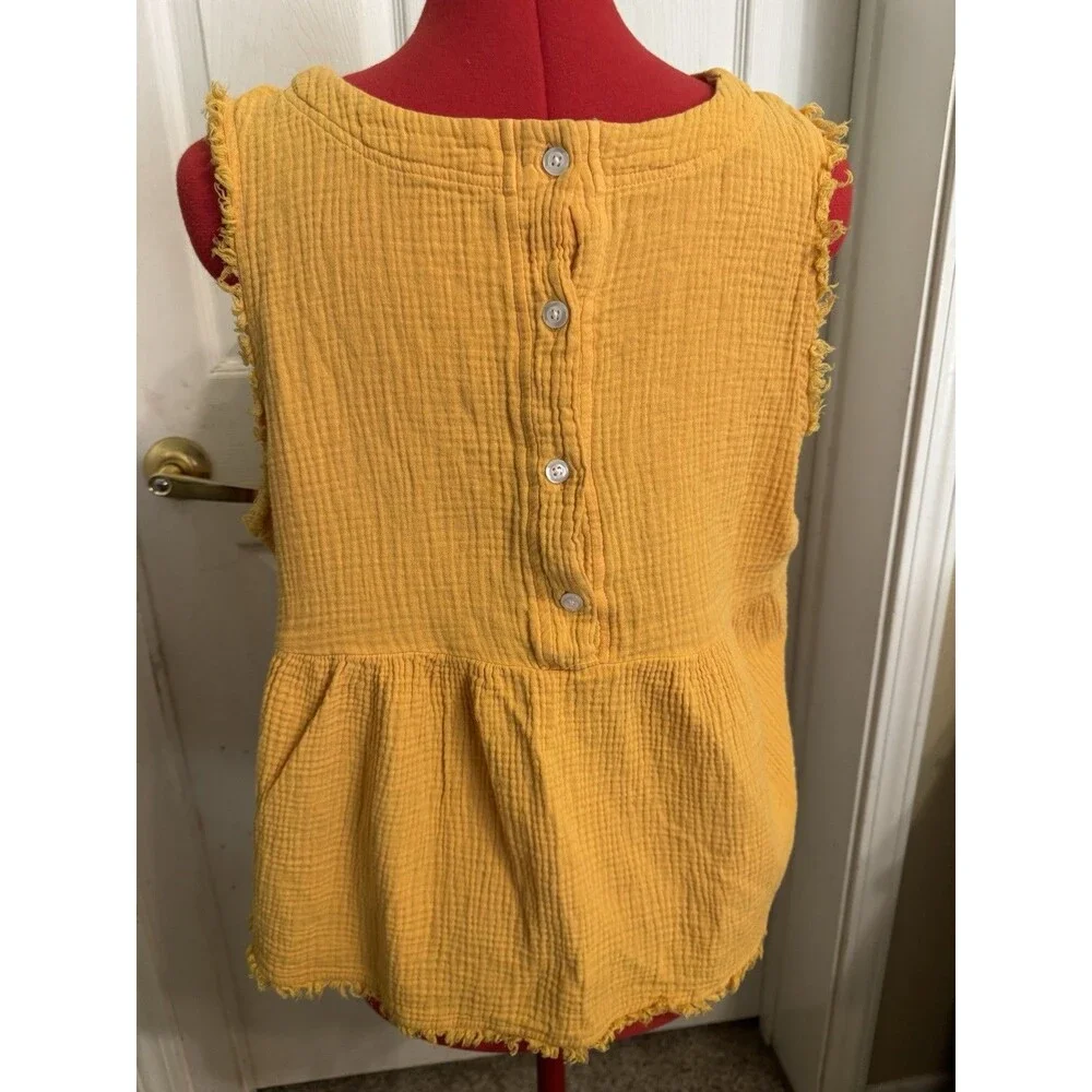 Thread & Supply Gauze Cotton Tank Top L Mustard Yellow Fringe Sleeveless Boho